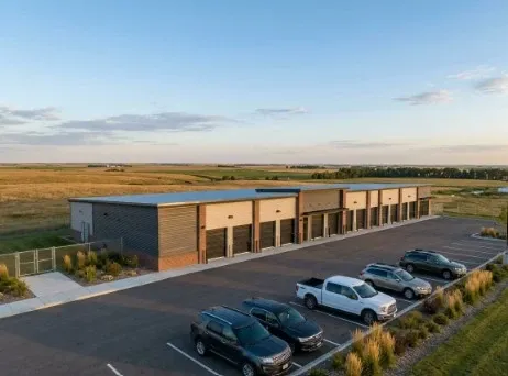 Modern self-storage facility on flat plains under a blue sky at golden hour, ideal for small business expansion.